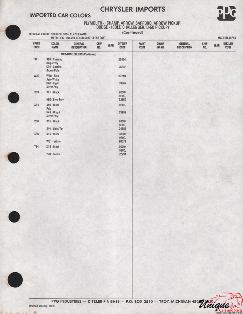 1971 - 1983 Chrysler Paint Charts Import PPG 3